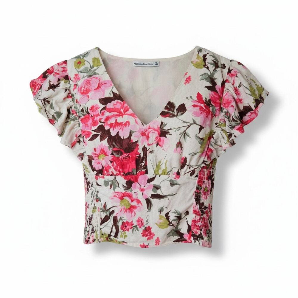 Abercrombie & Fitch Linen Blend Floral Top Size M Ruffle Sleeve Cottagecore